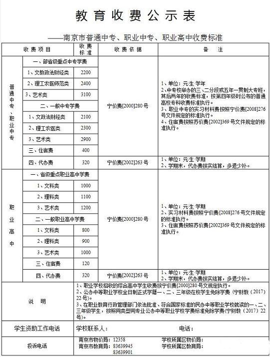 南京新学期学费|住宿费|作业本费|校服费收费标准，包含小学到高中