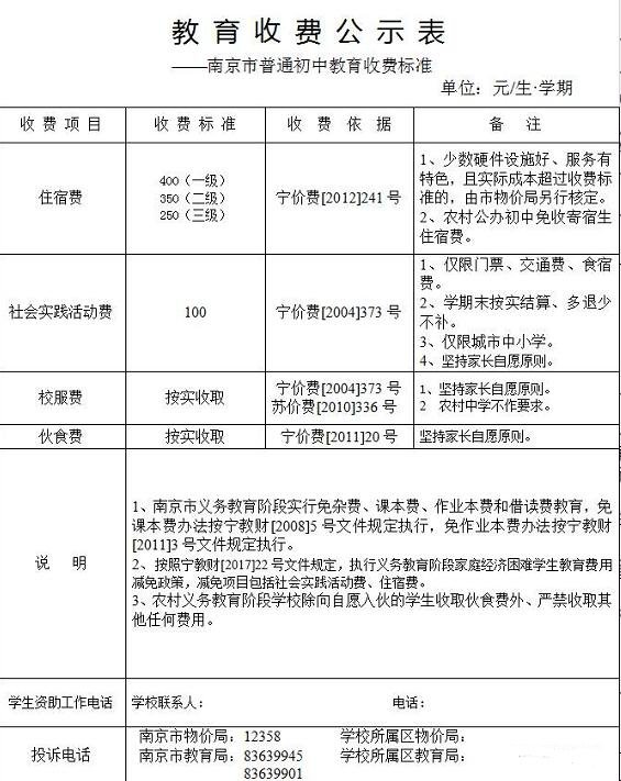 南京新学期学费|住宿费|作业本费|校服费收费标准，包含小学到高中