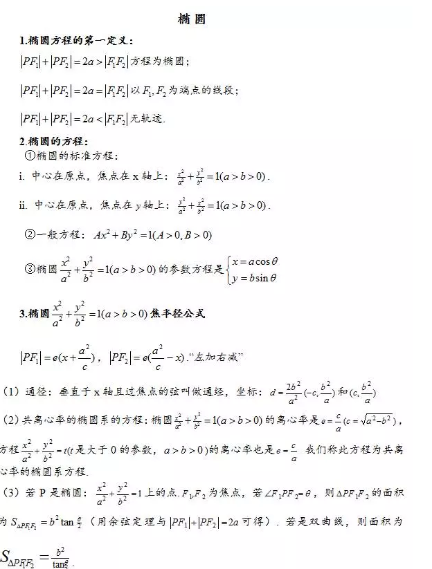 高考抛物线、双曲线、椭圆等公式以及重点知识总结