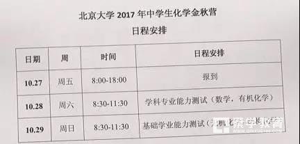 2017北京大学化学金秋营测试科目以及具体日程安排，附重要考试提醒