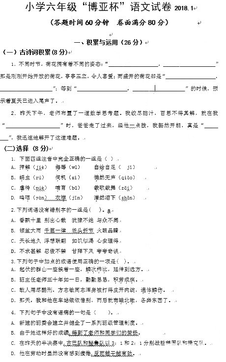 2018年南京小学六年级“博亚杯”语文试卷 