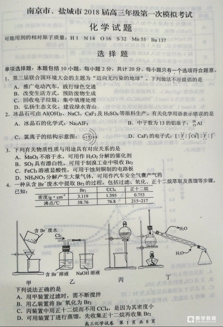 南京市、盐城市2018届高三年级第一次模拟考试化学试卷