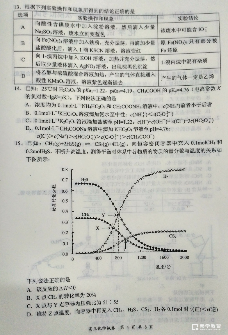 南京市、盐城市2018届高三年级第一次模拟考试化学试卷