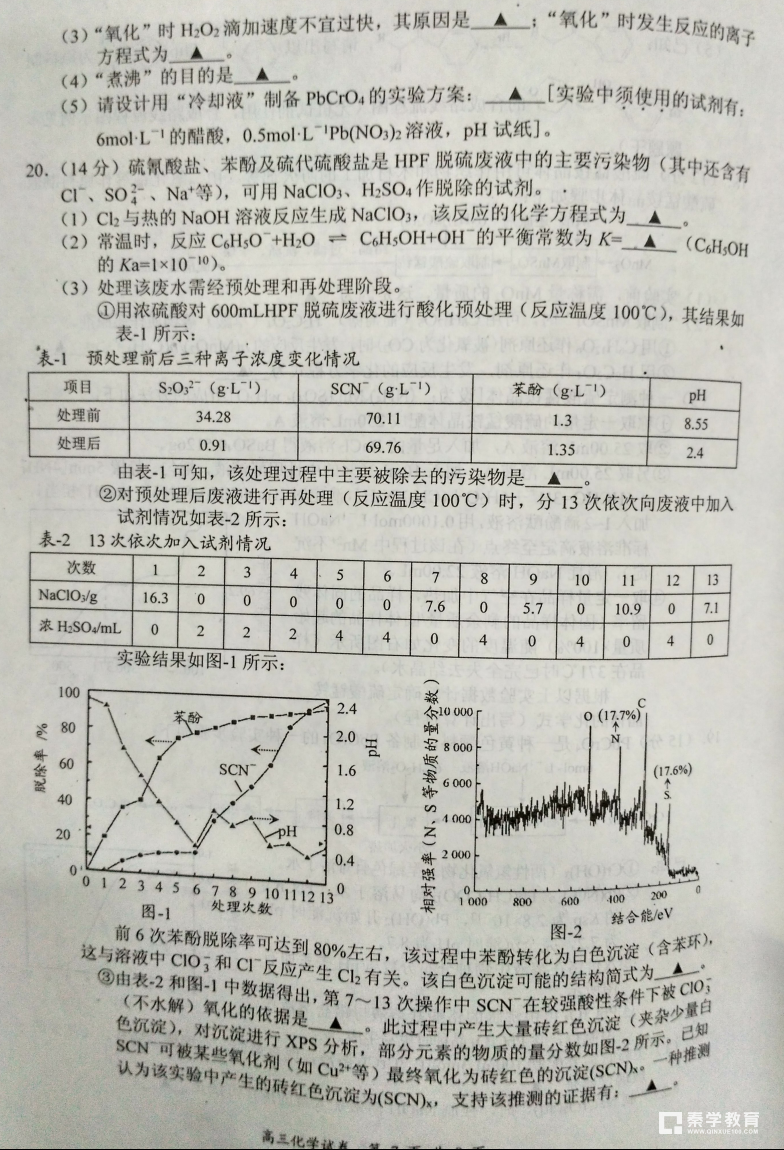 南京市、盐城市2018届高三年级第一次模拟考试化学试卷