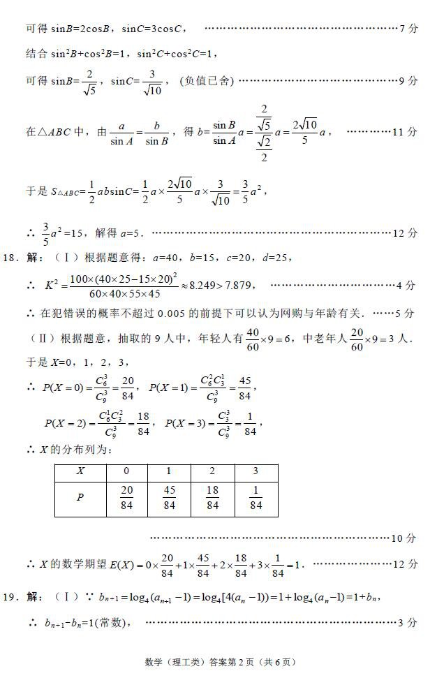 绵阳市高2015级第二次诊断性考试数学（理工类）参考答案及评分标准：