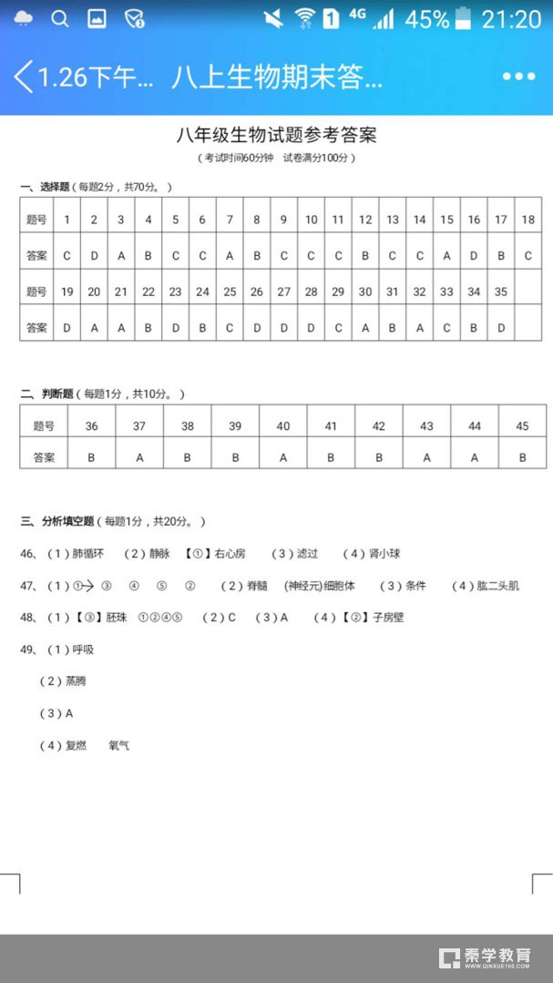 徐州市2017~2018学年度第一学期期末测试八年级生物参考答案
