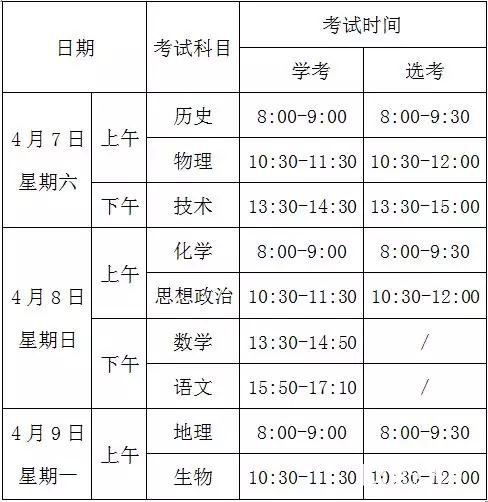 浙江省2018年4月份学考选考各科目考试时间安