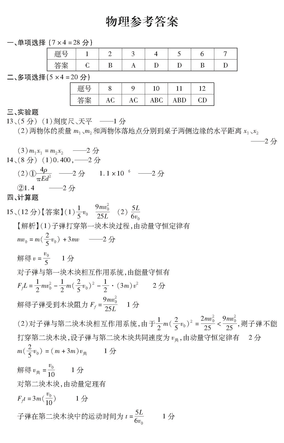 2018年咸阳市高三第一次模拟考试高三物理试题参考答案及评分标准