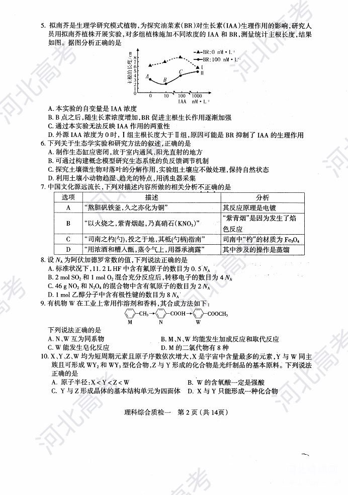 2018年石家庄高三质检理综试卷图片版