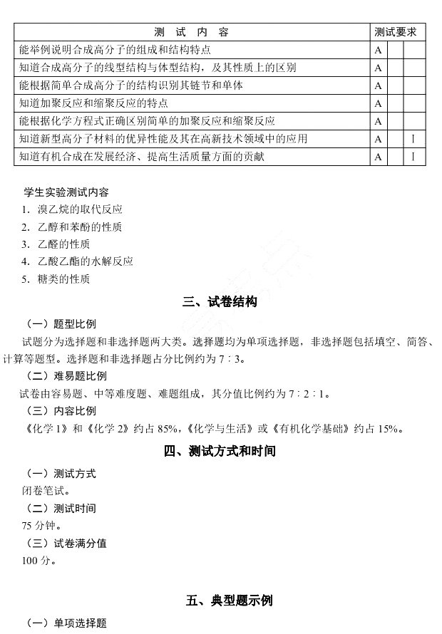 2018年江苏省学业水平测试化学科目考试说明