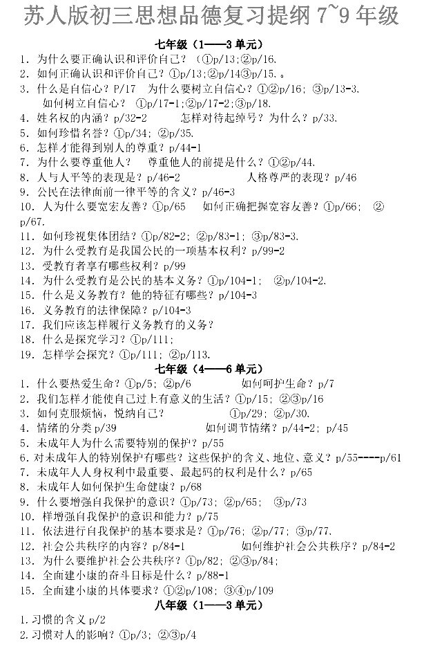 苏人版初三思想品德复习提纲七年级-九年级