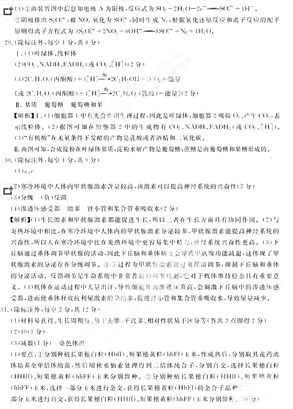 深圳市2018届高三年级第一次调研考试理综试题答案
