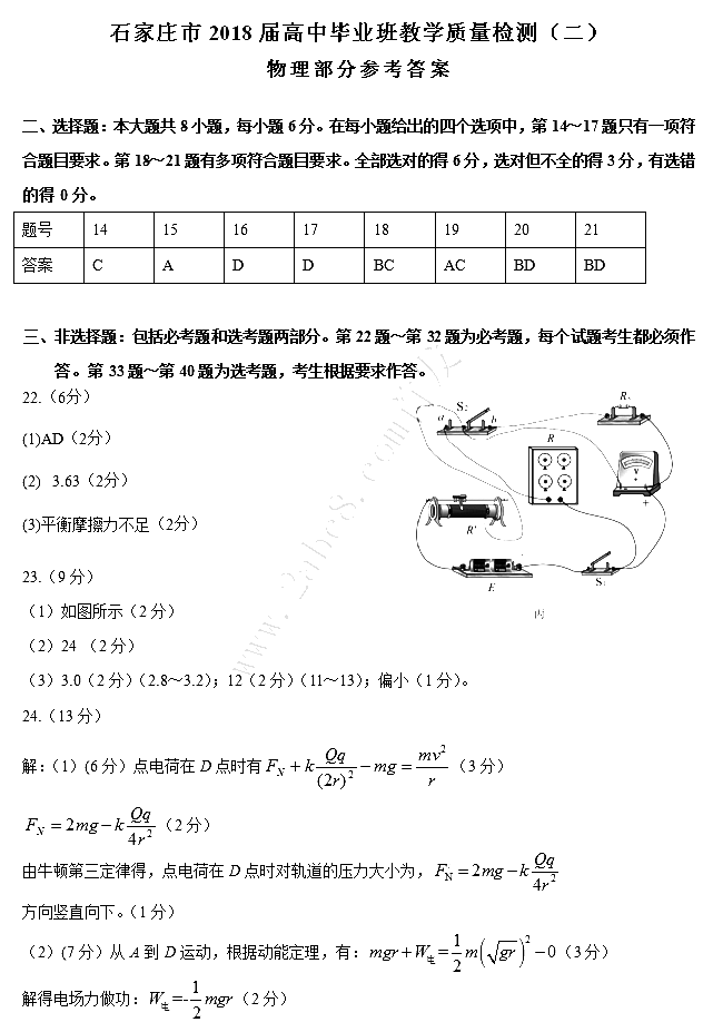 　　石家庄质检二石家庄市2018届高三复习教学质量检测二理综试题答案