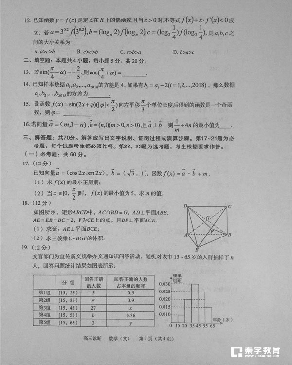 2018兰州一诊 兰州市2018年高三诊断考试文科数学试题及答案 