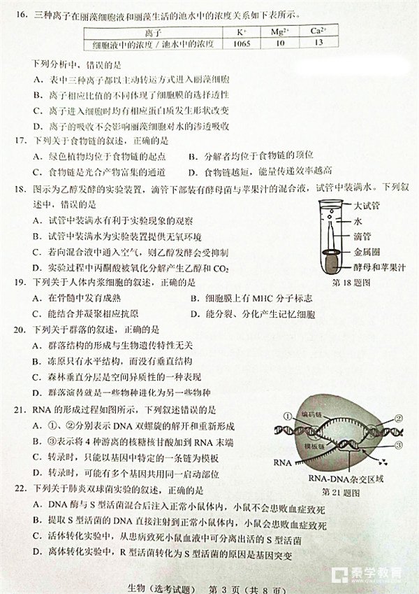 2018年3月份温州市普通高中选考适应性测试生物试卷