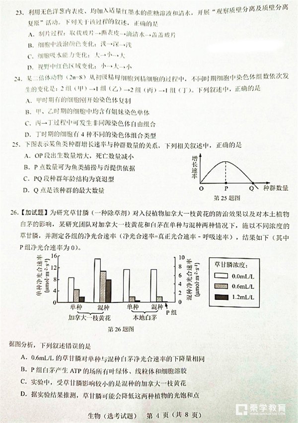 2018年3月份温州市普通高中选考适应性测试生物试卷