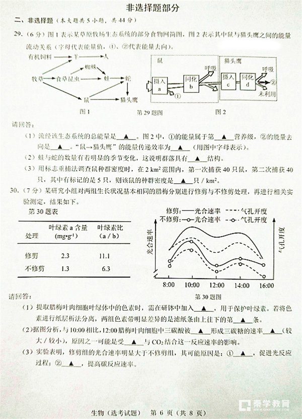 2018年3月份温州市普通高中选考适应性测试生物试卷