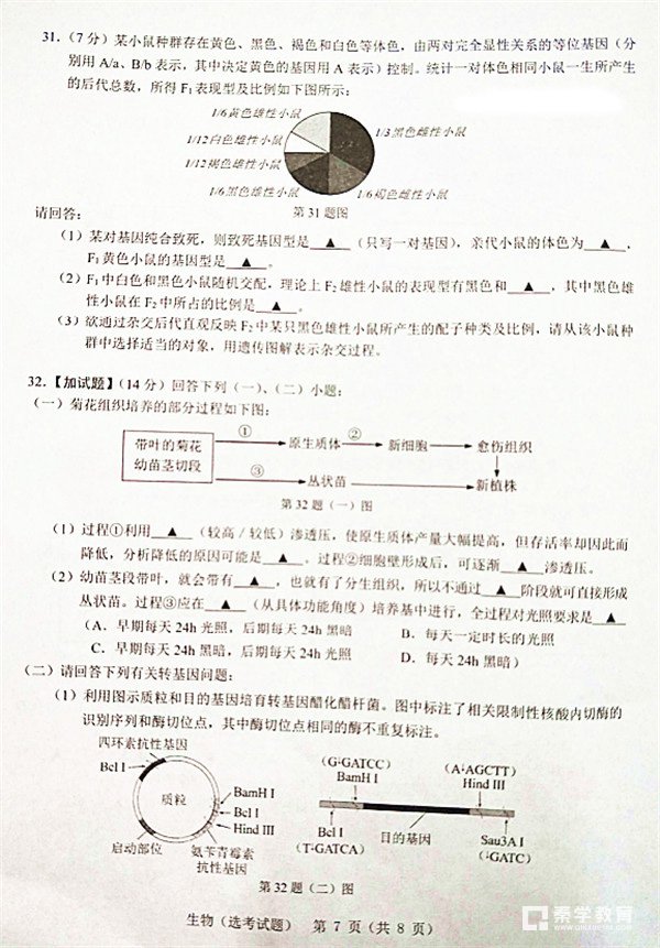 2018年3月份温州市普通高中选考适应性测试生物试卷