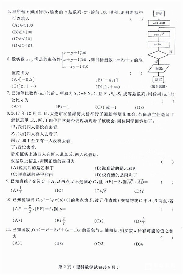 2018年大连市高三双基测试卷理科数学试卷及参考答案