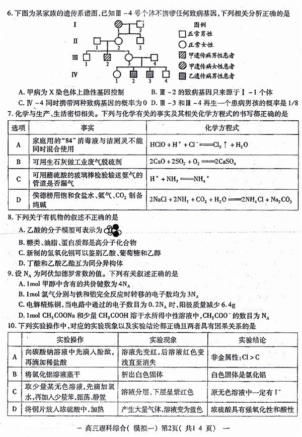 南昌一模 南昌市NCS20180607项目第一次模拟测试卷理综试题及答案