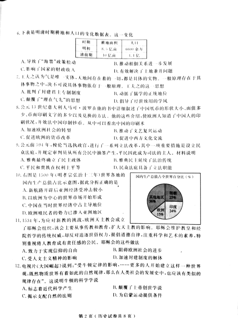 2018年大连市高三双基测试卷政治试卷及参考答案 