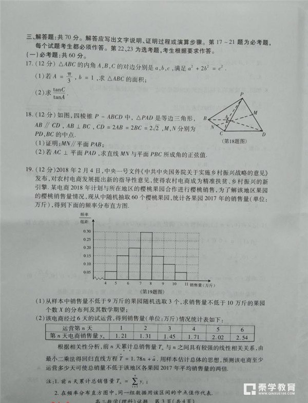 厦门市2018届高中毕业班第一次质量检查理科数学试卷及参考答案