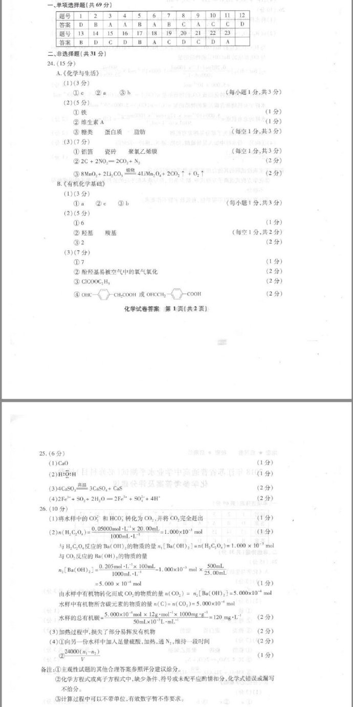 2018江苏省小高考化学答案(江苏省普通高中学