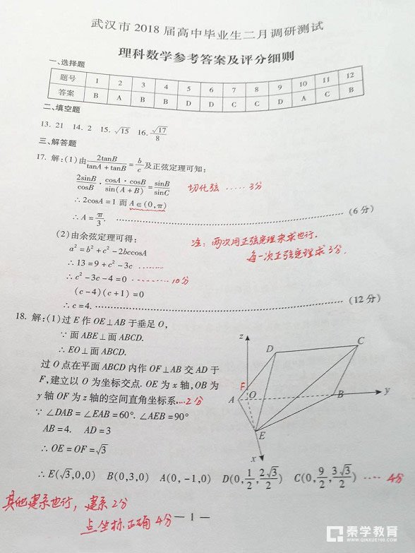 參考答案及評分細則——武漢市2018屆高三2月調研考試理科數學真題