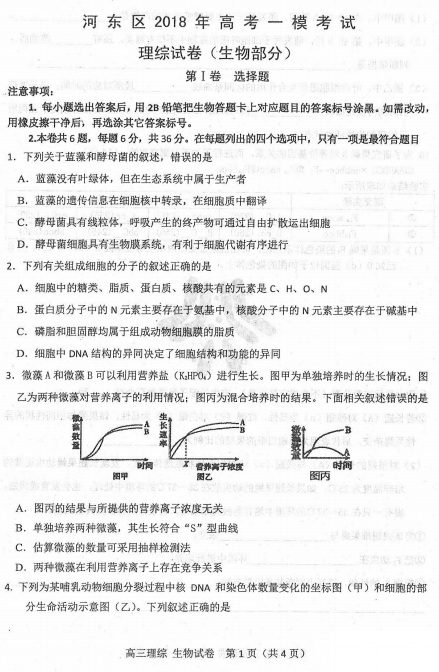 天津市河东区2018年高三一模理综生物试题及答案汇总分享!