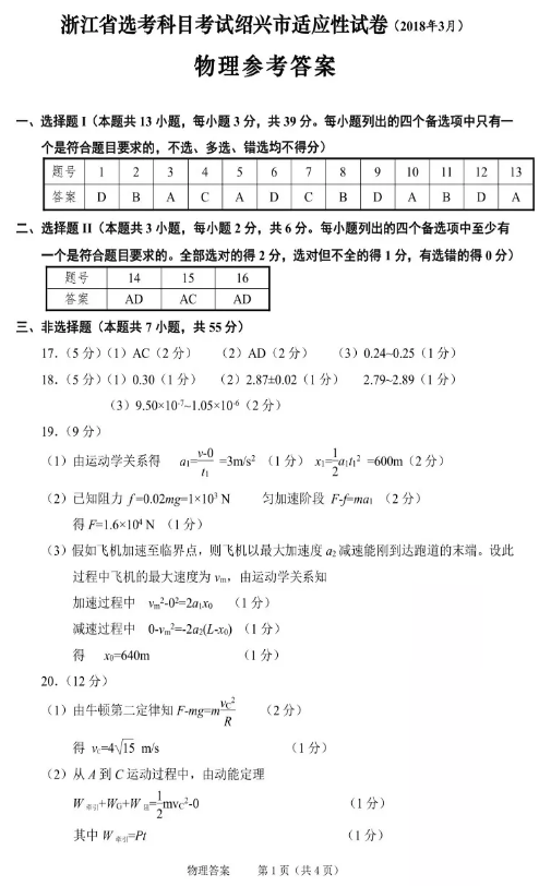 物理|2018年3月省绍兴市选考科目适应性考试物理参考答案汇总!