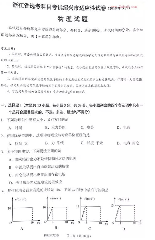 物理|2018年3月省绍兴市选考科目适应性考试物理参试题及答案汇总!