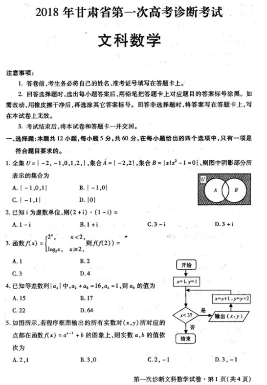 2018年甘肃省第一次高考诊断性考试(甘肃一诊)文科数学试题及答案汇总分享！