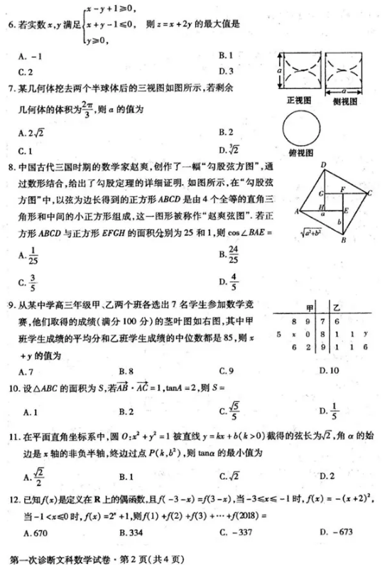 2018年甘肃省第一次高考诊断性考试(甘肃一诊)文科数学试题及答案汇总分享！