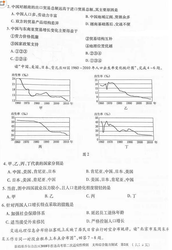 新疆维吾尔自治区2018年普通高考第二次适应性检测文综地理试题及答案