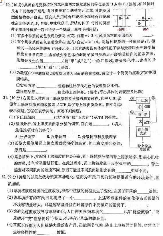 新疆维吾尔自治区2018年普通高考第二次适应性检测理综试题及答案