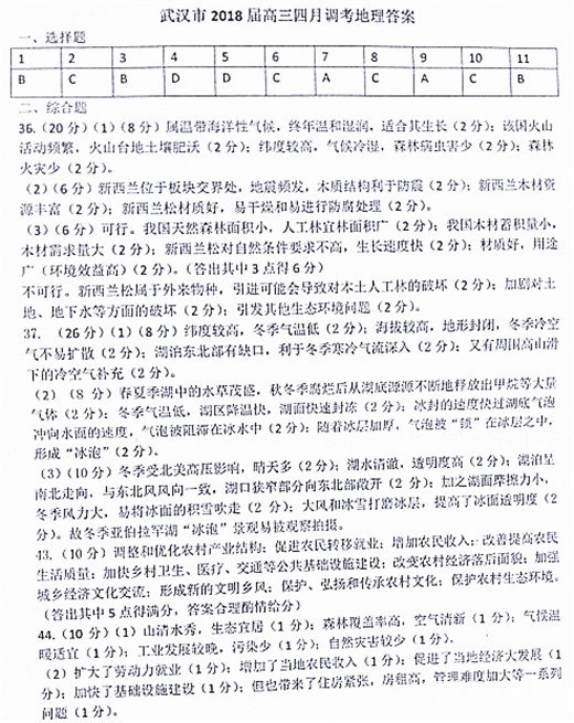 武汉市2018届高中毕业生四月调研测试文综试题答案
