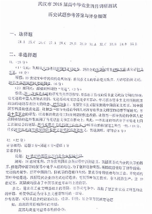 武汉市2018届高中毕业生四月调研测试文综试题答案
