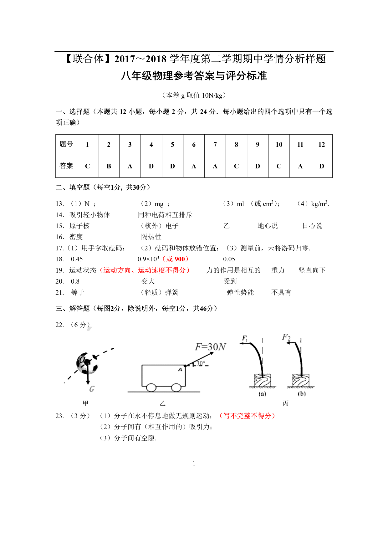 【联合体】2017~2018学年度第二学期期中学情分析样题八年级物理答案
