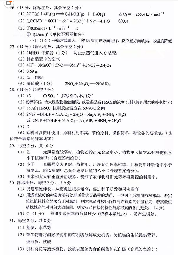 2018贵州统测 贵州省2018年普通高等学校招生适应性考试理综试题答案