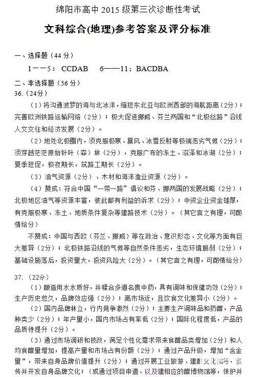 2018绵阳三诊 绵阳市高中2015级第三次诊断性考试文综试题答案