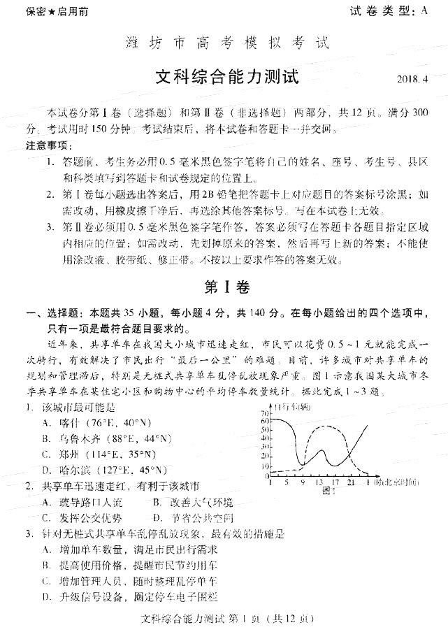 2018潍坊二模 潍坊市高三第二次高考模拟考试文综试题