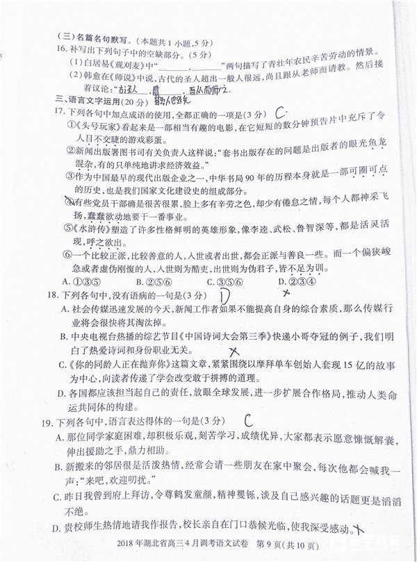 湖北调考 2018年湖北省高三4月调考语文试卷真题
