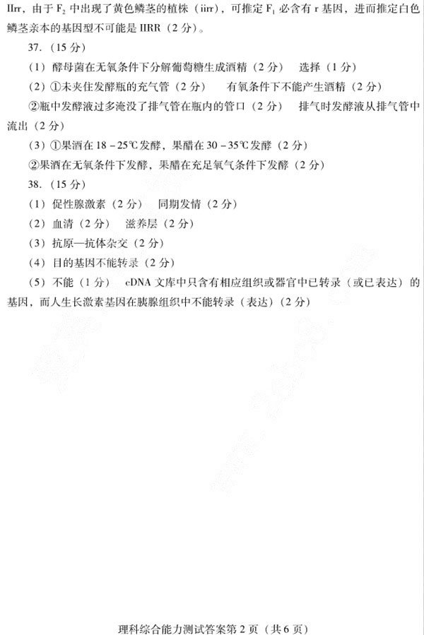 潍坊市高三第二次高考模拟考试理综试题答案