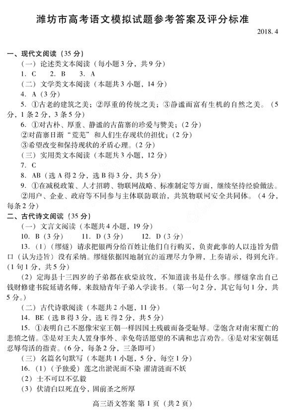 2018潍坊二模 潍坊市高三第二次高考模拟考试