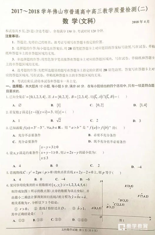 2018佛山二模|2017-2018学年佛山市高三教学质量检测二文科数学试题及答案分享!