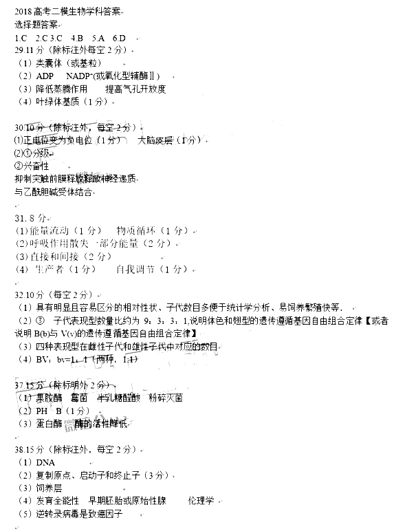 2018年东北三省四市教研联合体高考模拟试卷（二）理综试题答案