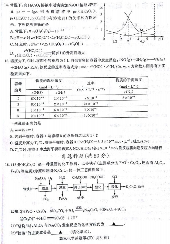 南京三模 南京市2018届高三年级第三次模拟考试化学试卷及答案 