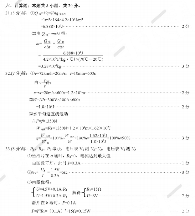 福州二检 2018年5月福州初中毕业班质量检测物理试卷答案