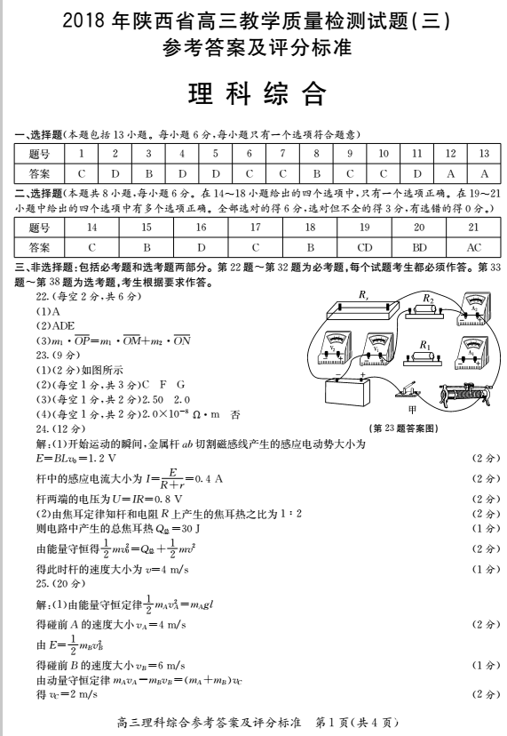 理综|陕西省2018年高三第三次模拟考试理综试题及答案分享！