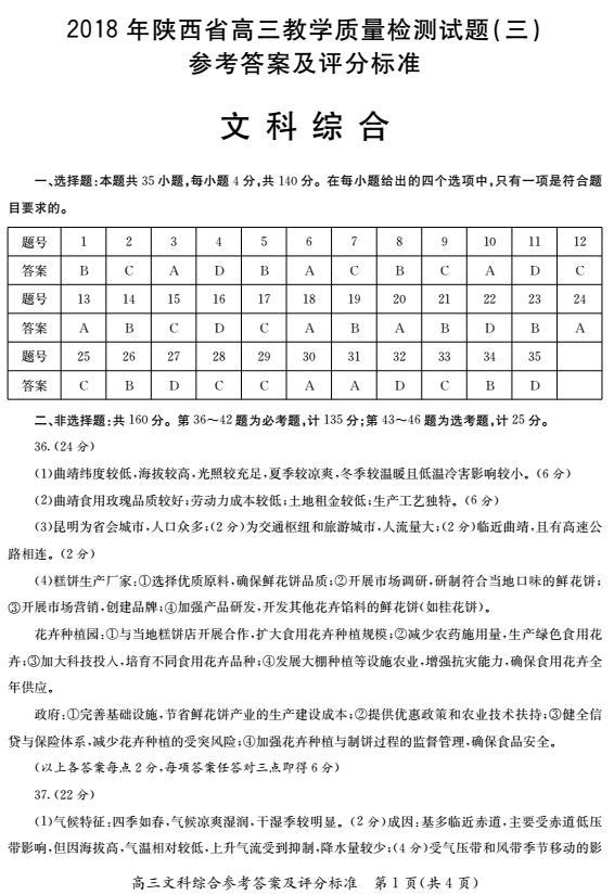 2018年陕西省高三三模考试文综科目试题及答案分享!